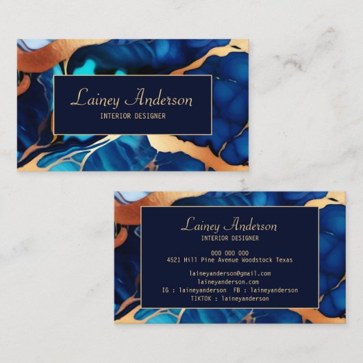 トレンディーブルーイエロー金ゴールドフェイク大理石 名刺 (正面/裏面)