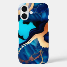 トレンディーブルーイエロー金ゴールドフェイク大理石 iPhone 16ケース