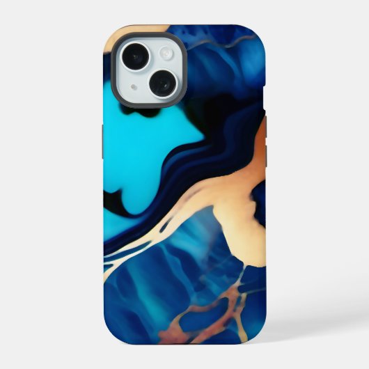 トレンディーブルーイエロー金ゴールドフェイク大理石 iPhone 15ケース (裏面)