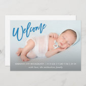 トレンディーブルーウェルカムスクリプトとフォトベビー誕生 案内状 (正面/裏面)