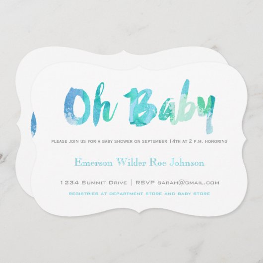 トレンディーブルーウォーター色タイポグラフィ男の赤ちゃんシャワー 招待状 (正面/裏面)