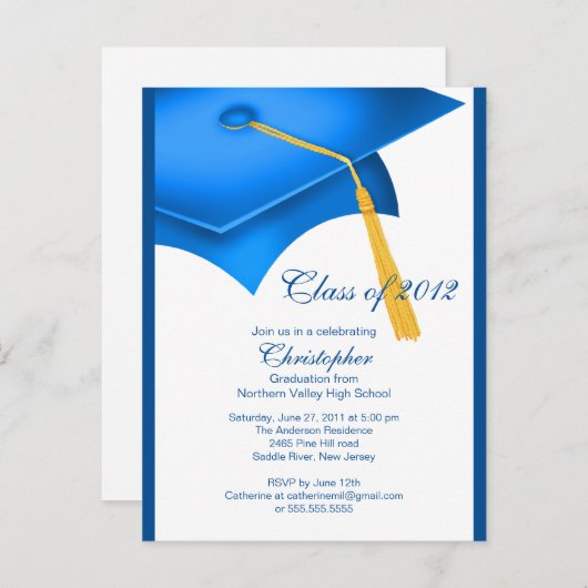 トレンディーブルーグラードキャップ卒業パーティー招待状 インビテーションポストカード (正面/裏面)