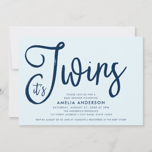 トレンディーブルースクリプトツインズベビーシャワー 招待状 (正面)
