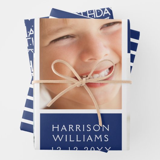 トレンディーブルーストライプフォトコラージュハッピーバースデー ラッピングペーパーシート (インサイチュ)