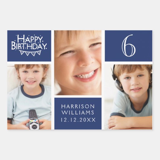 トレンディーブルーストライプフォトコラージュハッピーバースデー ラッピングペーパーシート (正面)