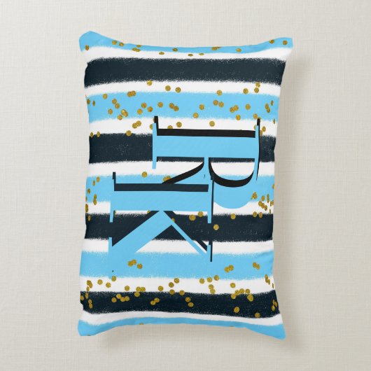トレンディーブルーストライプ金ゴールドグリッターモノグラムグラム アクセントクッション (裏面(縦))