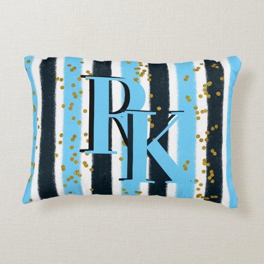 トレンディーブルーストライプ金ゴールドグリッターモノグラムグラム アクセントクッション (裏面)