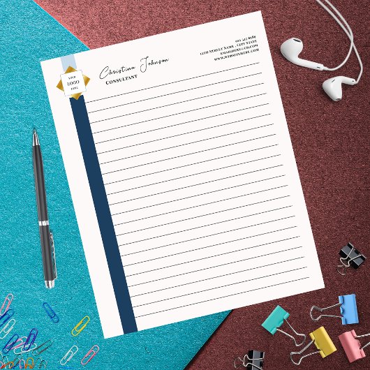 トレンディーブルーストライプ金ゴールドロゴ ノートパッド