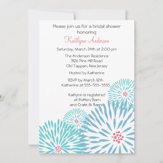 トレンディーブルーフラワーブライダルシャワー招待 招待状 (正面)