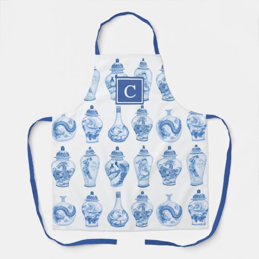 トレンディーブルーホワイトチャイノアイセリージンジャージャースモノグラム エプロン (正面)