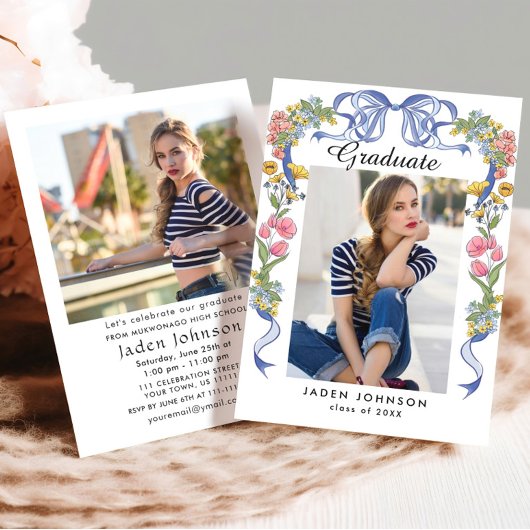 トレンディーブルーボウコケット2写真卒業パーティー 招待状