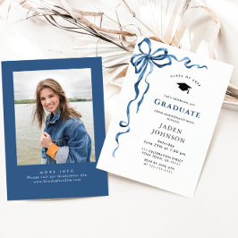 トレンディーブルーボウコケットPHOTO卒業パーティー 招待状