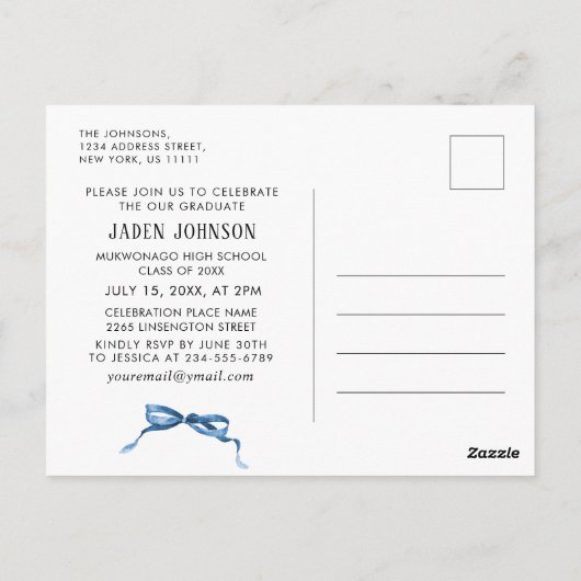 トレンディーブルーボウリボン写真卒業パーティー ポストカード (裏面)