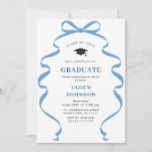 トレンディーブルーボウリボン写真卒業パーティー 招待状 (正面)