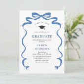 トレンディーブルーボウリボン写真卒業パーティー 招待状 (スタンド正面)