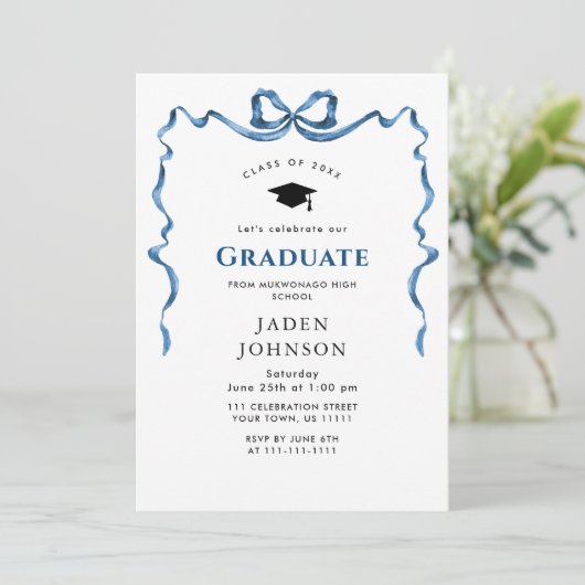 トレンディーブルーボウリボン写真卒業パーティー 招待状 (スタンド正面)