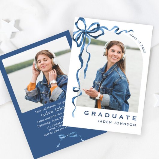 トレンディーブルーボウリボン2写真卒業パーティー 招待状