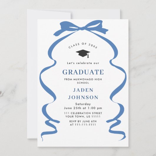 トレンディーブルーボウリボン3写真卒業パーティー 招待状 (正面)