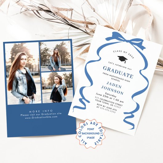 トレンディーブルーボウリボン3写真卒業パーティー 招待状