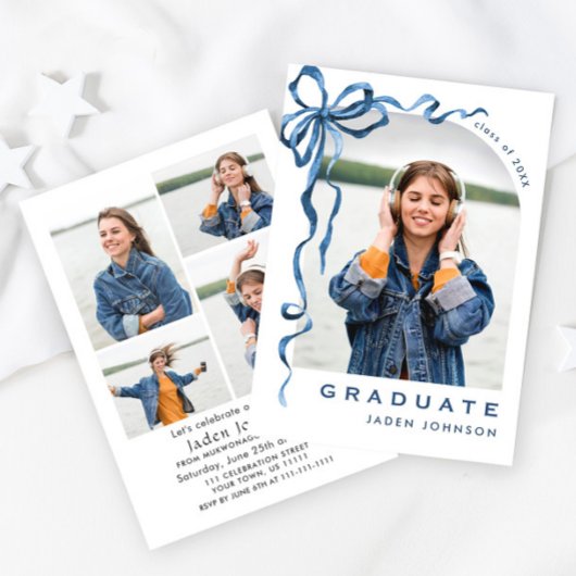 トレンディーブルーボウリボン5写真卒業パーティー 招待状