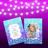 トレンディーブルーミントストライプフローラフォト誕生日 招待状