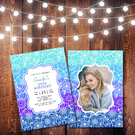 トレンディーブルーミントストライプフローラフォト誕生日 招待状