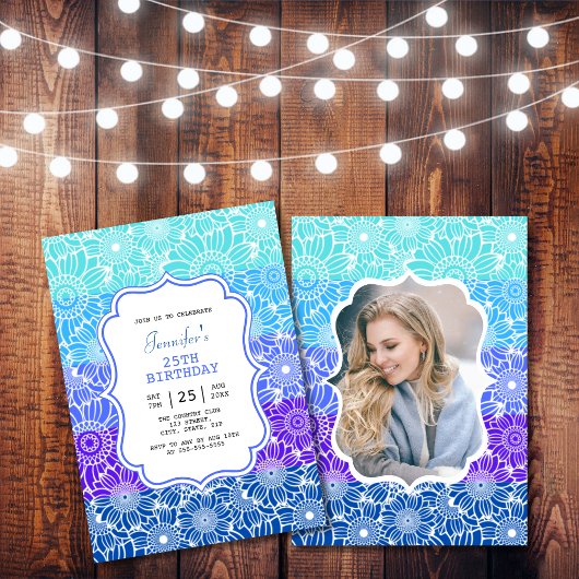 トレンディーブルーミントストライプフローラフォト誕生日 招待状