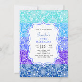 トレンディーブルーミントストライプフローラフォト誕生日 招待状 (正面)