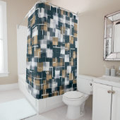 トレンディーブルー金ゴールドブラウン白黒プレイド シャワーカーテン (インサイチュ)