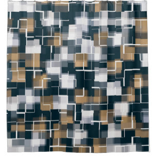 トレンディーブルー金ゴールドブラウン白黒プレイド シャワーカーテン