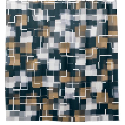 トレンディーブルー金ゴールドブラウン白黒プレイド シャワーカーテン (正面)