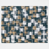 トレンディーブルー金ゴールドブラウン白黒プレイド フリースブランケット (正面(横))