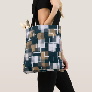 トレンディーブルー金ゴールドブラウン白黒格子 トートバッグ