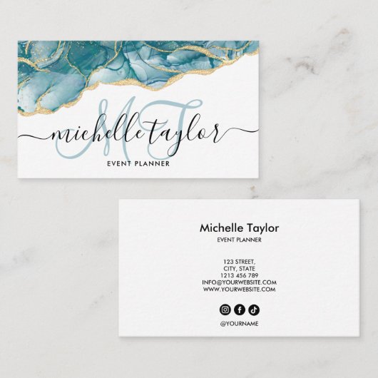 トレンディーブルー金ゴールドモノグラムメイクアップアーティストヘアサロン 名刺 (正面/裏面)