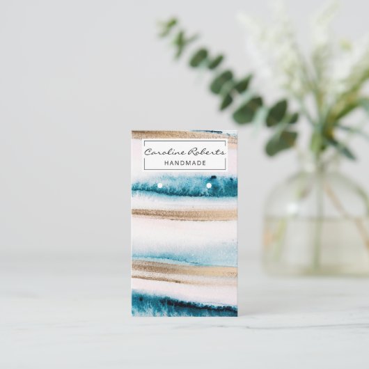 トレンディーブルー金ゴールド水彩手作りイヤリング  名刺 (スタンド正面)