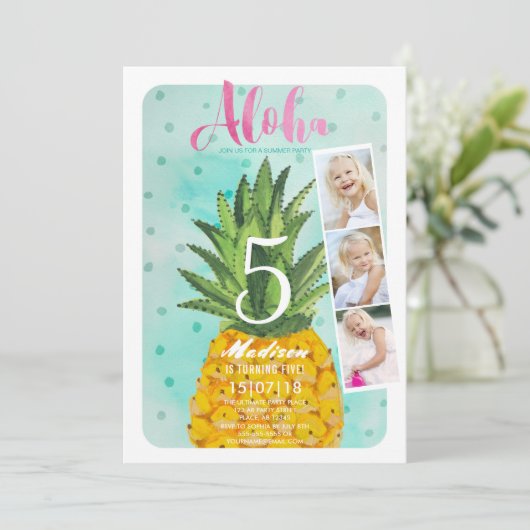 トレンディーブルー&イエロー熱帯性パイナップルフルーツ 招待状 (スタンド正面)