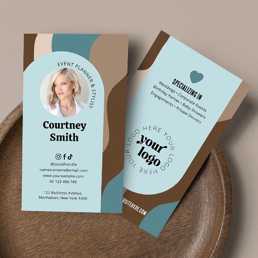 トレンディーブルー&トープGroovyレトロロゴ写真 名刺