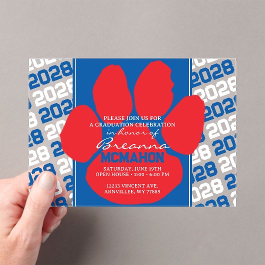 トレンディーブルー、ホワイト&レッド卒業ポープリント澄ん アクリル招待状 (インサイチュ (ポータブル))