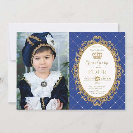 トレンディープリンス王室の誕生日ブルー金ゴールドパーティー写真 招待状 (正面)