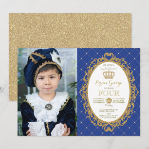トレンディープリンス王室の誕生日ブルー金ゴールドパーティー写真 招待状