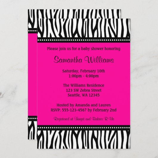 トレンディーホットピンクゼブラガールベビーシャワー招待状 招待状 (正面/裏面)