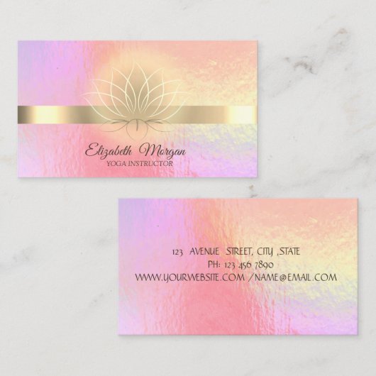 トレンディーホログラフィック、金ゴールド、ロータスヨガインストラクター 名刺 (正面/裏面)