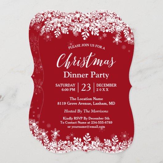 トレンディーホワイトスノーフレークスホリデークリスマスパーティー 招待状 (正面/裏面)