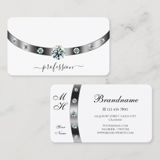 トレンディーホワイトダイヤモンドとシルバーモノグラムの 名刺 (正面/裏面)
