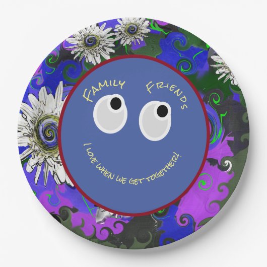 トレンディーホワイトデイジーズウィズブルー&パープルペチュニア ペーパープレート (正面)