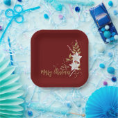 トレンディーホワイトポインセチアブルゴーニュ金ゴールドグリッター ペーパープレート (パーティー)