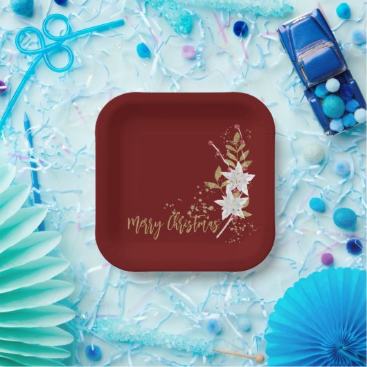 トレンディーホワイトポインセチアブルゴーニュ金ゴールドグリッター ペーパープレート (パーティー)