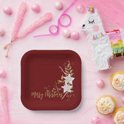 トレンディーホワイトポインセチアブルゴーニュ金ゴールドグリッター ペーパープレート (パーティー)