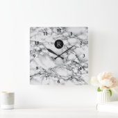トレンディーホワイトマーブルストーン – 文字を追加/ロゴ/詳細 スクエア壁時計 (ホーム)