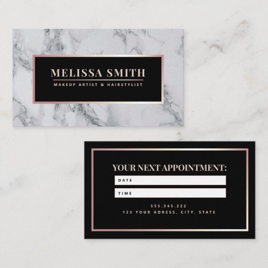 トレンディーホワイトマーブルメイクアップアーティストヘアサロン 予約カード (正面/裏面)